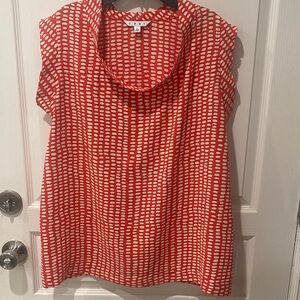 CAbi Vibrant Orange ish red and White Blouse